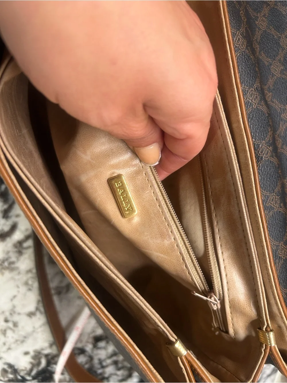 BALLY Brown and Tan leather Monogram Crossbody Bag Flap EUC